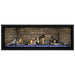 Napoleon Ascent Premium 56 Linear Direct Vent Gas Fireplace in Ledgestone Brick Panel with Blue Glass Embers and Beach Fire Logs