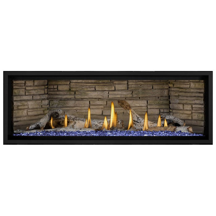 Napoleon Ascent Premium 56 Linear Direct Vent Gas Fireplace in Ledgestone Brick Panel with Blue Glass Embers and Birch Logs