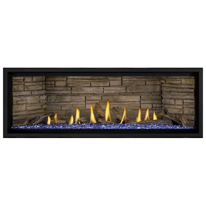 Napoleon Ascent Premium 56 Linear Direct Vent Gas Fireplace in Ledgestone Brick Panel with Blue Glass Embers and Driftwood Logs