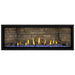 Napoleon Ascent Premium 56 Linear Direct Vent Gas Fireplace in Ledgestone Brick Panel with Blue Glass Embers and Driftwood Logs