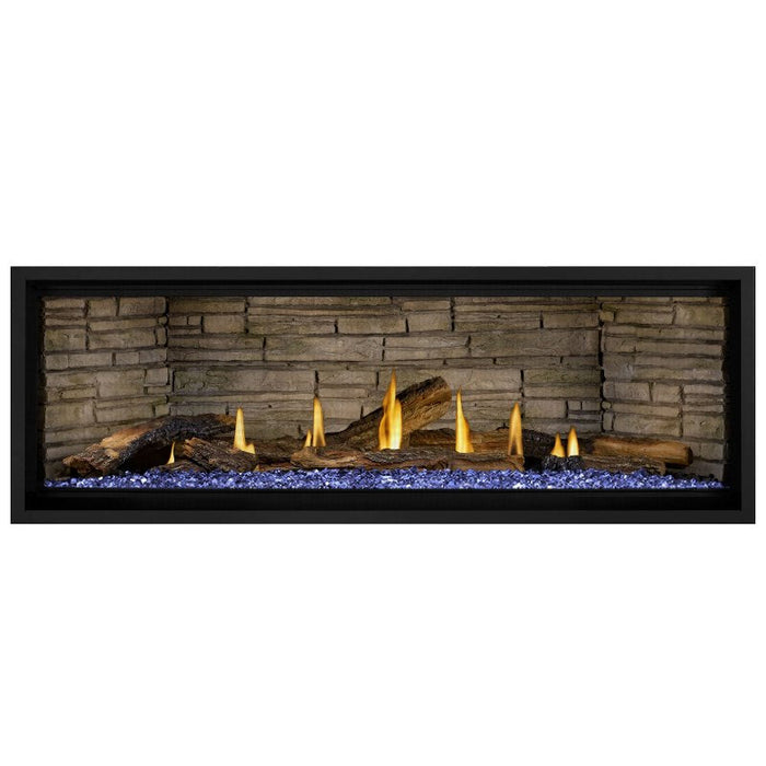 Napoleon Ascent Premium 56 Linear Direct Vent Gas Fireplace in Ledgestone Brick Panel with Blue Glass Embers and Split Oak Logs
