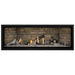 Napoleon Ascent Premium 56 Linear Direct Vent Gas Fireplace in Ledgestone Brick Panel with Clear Glass Embers and Beach Fire Logs