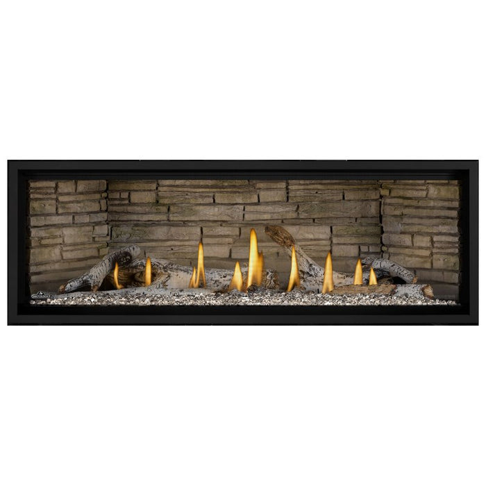 Napoleon Ascent Premium 56 Linear Direct Vent Gas Fireplace in Ledgestone Brick Panel with Clear Glass Embers and Birch Logs
