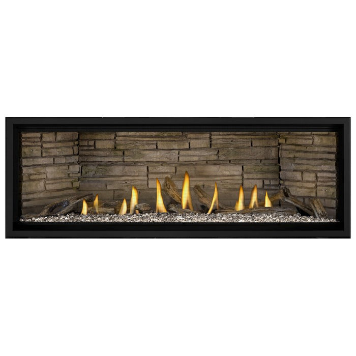 Napoleon Ascent Premium 56 Linear Direct Vent Gas Fireplace in Ledgestone Brick Panel with Clear Glass Embers and Driftwood Logs