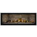 Napoleon Ascent Premium 56 Linear Direct Vent Gas Fireplace in Ledgestone Brick Panel with Clear Glass Embers and Split Oak Logs