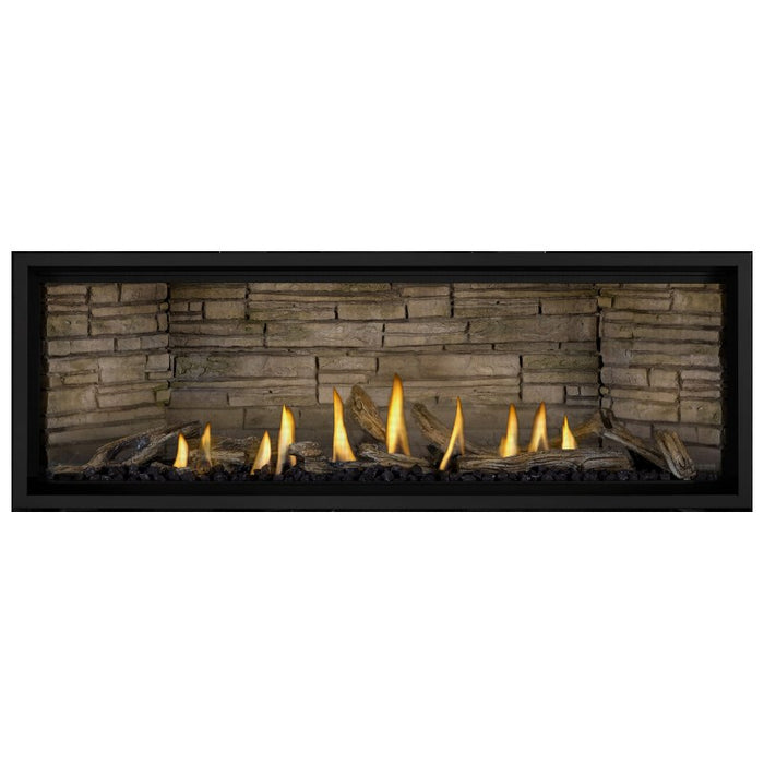 Napoleon Ascent Premium 56 Linear Direct Vent Gas Fireplace in Ledgestone Brick Panel with Driftwood Logs 