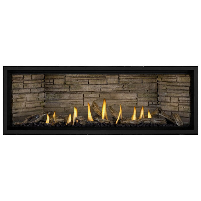 Napoleon Ascent Premium 56 Linear Direct Vent Gas Fireplace in Ledgestone Brick Panel with Driftwood Logs
