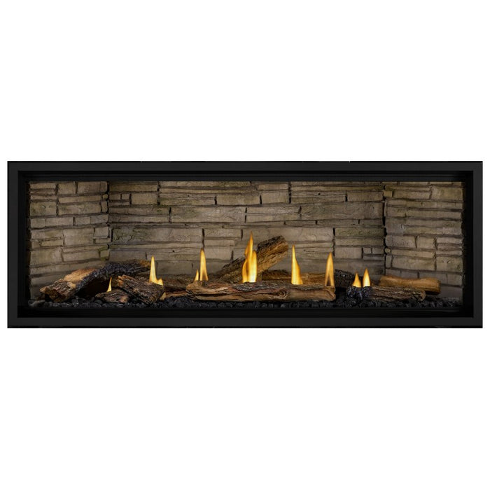 Napoleon Ascent Premium 56 Linear Direct Vent Gas Fireplace in Ledgestone Brick Panel with Split Oak Logs 