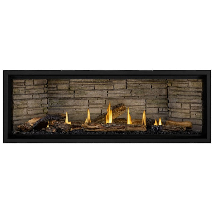 Napoleon Ascent Premium 56 Linear Direct Vent Gas Fireplace in Ledgestone Brick Panel with Split Oak Logs