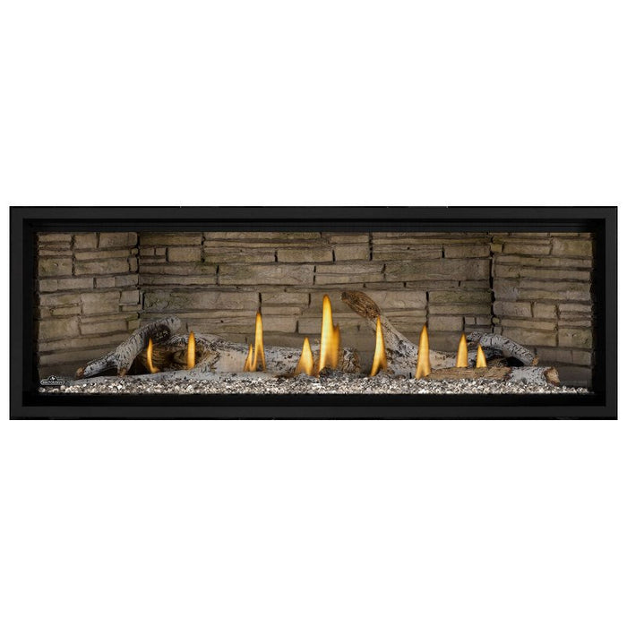 Napoleon Ascent Premium 56 Linear Direct Vent Gas Fireplace in Ledgestone Brick Panel with Topaz Glass Embers and Birch Logs