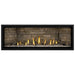 Napoleon Ascent Premium 56 Linear Direct Vent Gas Fireplace in Ledgestone Brick Panel with Topaz Glass Embers and Driftwood Logs