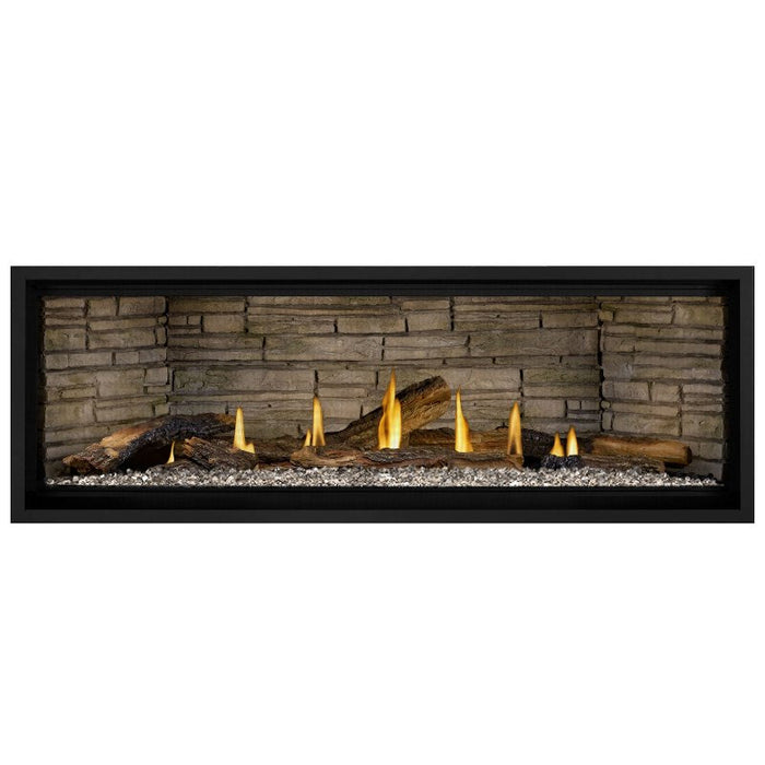 Napoleon Ascent Premium 56 Linear Direct Vent Gas Fireplace in Ledgestone Brick Panel with Topaz Glass Embers and Split Oak Logs