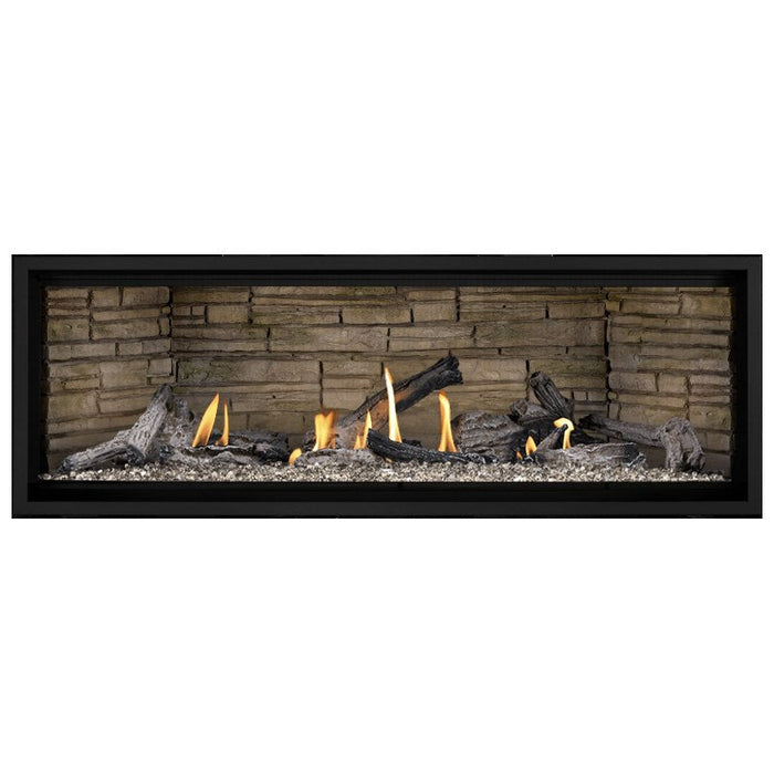 Napoleon Ascent Premium 56 Linear Direct Vent Gas Fireplace in Ledgestone Brick Panel with Topaz Glass Embers and  and Beach Fire Logs