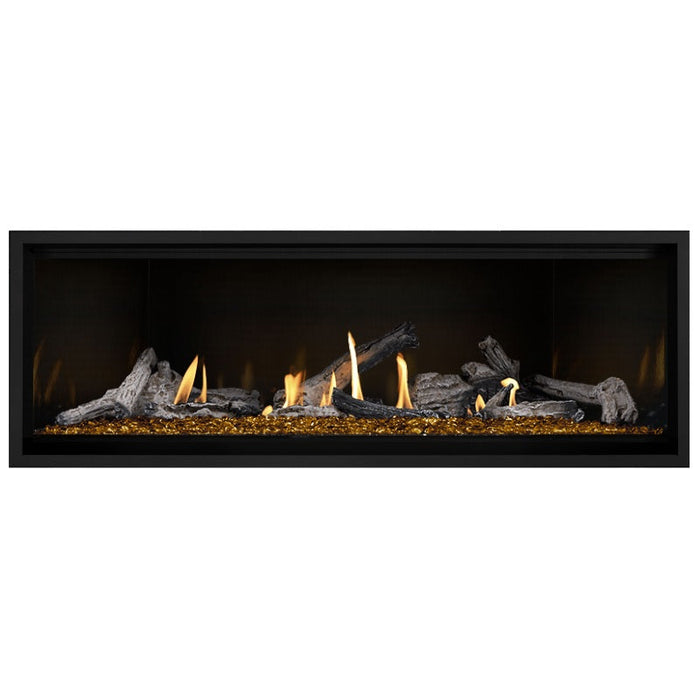 Napoleon Ascent Premium 56 Linear Direct Vent Gas Fireplace in MIRRO-FLAME Porcelain Reflective Panel with Amber Glass Embers and Beach Fire Logs