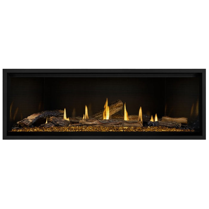 Napoleon Ascent Premium 56 Linear Direct Vent Gas Fireplace in MIRRO-FLAME Porcelain Reflective Panel with Amber Glass Embers and Split Oak Logs