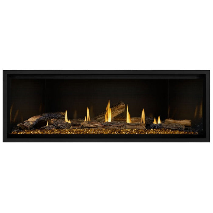 Napoleon Ascent Premium 56 Linear Direct Vent Gas Fireplace in MIRRO-FLAME Porcelain Reflective Panel with Amber Glass Embers and Split Oak Logs