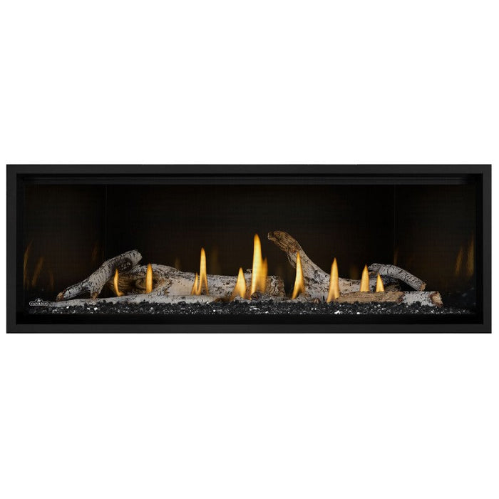 Napoleon Ascent Premium 56 Linear Direct Vent Gas Fireplace in  MIRRO-FLAME Porcelain Reflective Panel with Black Glass Embers and Birch Logs