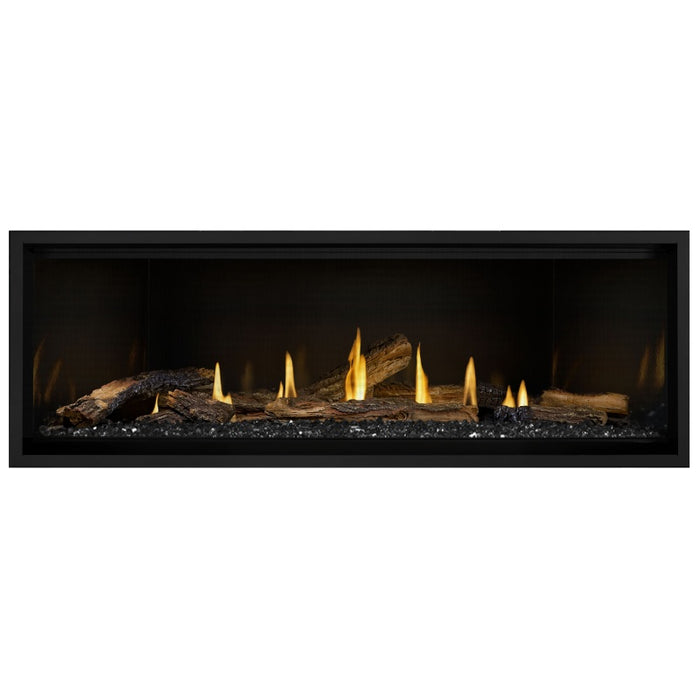 Napoleon Ascent Premium 56 Linear Direct Vent Gas Fireplace in MIRRO-FLAME Porcelain Reflective Panel with Black Glass Embers and Split Oak Logs