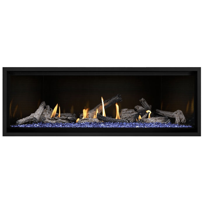 Napoleon Ascent Premium 56 Linear Direct Vent Gas Fireplace in MIRRO-FLAME Porcelain Reflective Panel with Blue Glass Embers and Beach Fire Logs