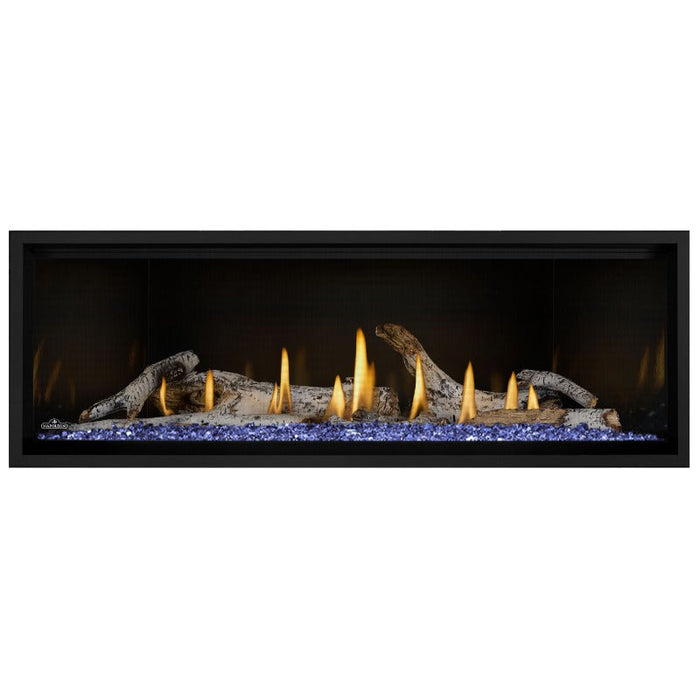 Napoleon Ascent Premium 56 Linear Direct Vent Gas Fireplace in MIRRO-FLAME Porcelain Reflective Panel with Blue Glass Embers and Birch Logs