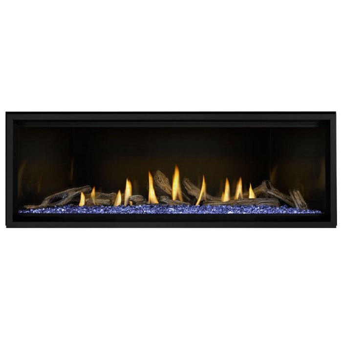 Napoleon Ascent Premium 56 Linear Direct Vent Gas Fireplace in MIRRO-FLAME Porcelain Reflective Panel with Blue Glass Embers and Driftwood Logs