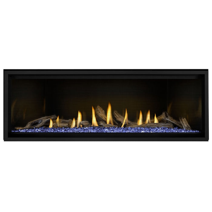 Napoleon Ascent Premium 56 Linear Direct Vent Gas Fireplace in MIRRO-FLAME Porcelain Reflective Panel with Blue Glass Embers and Driftwood Logs