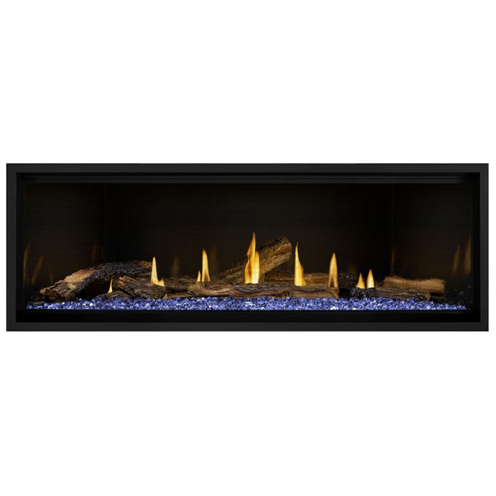 Napoleon Ascent Premium 56 Linear Direct Vent Gas Fireplace in MIRRO-FLAME Porcelain Reflective Panel with Blue Glass Embers and Split Oak Logs