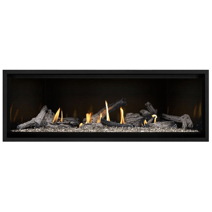 Napoleon Ascent Premium 56 Linear Direct Vent Gas Fireplace in MIRRO-FLAME Porcelain Reflective Panel with Topaz Glass Embers and Beach Fire Logs