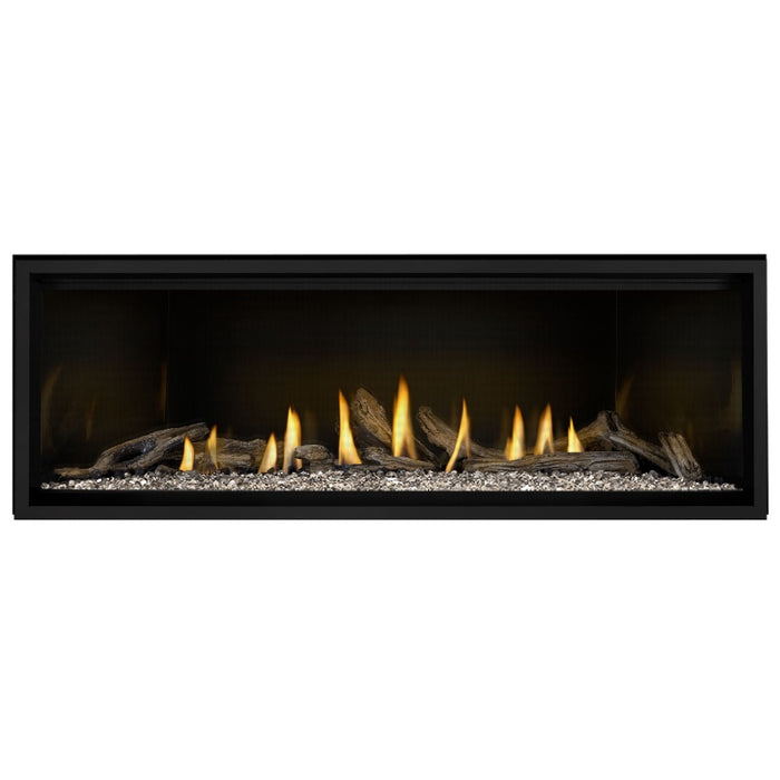 Napoleon Ascent Premium 56 Linear Direct Vent Gas Fireplace in MIRRO-FLAME Porcelain Reflective Panel with Topaz Glass Embers and Driftwood Logs