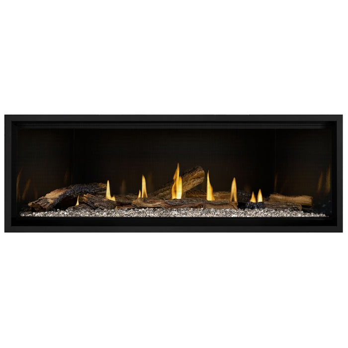 Napoleon Ascent Premium 56 Linear Direct Vent Gas Fireplace in MIRRO-FLAME Porcelain Reflective Panel with Topaz Glass Embers and Split Oak Logs