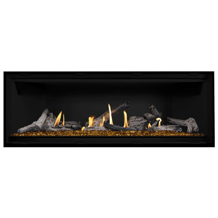 Napoleon Ascent Premium 56 Linear Direct Vent Gas Fireplace in Matte Black Panel with Amber Glass Embers and Beach Fire Logs 