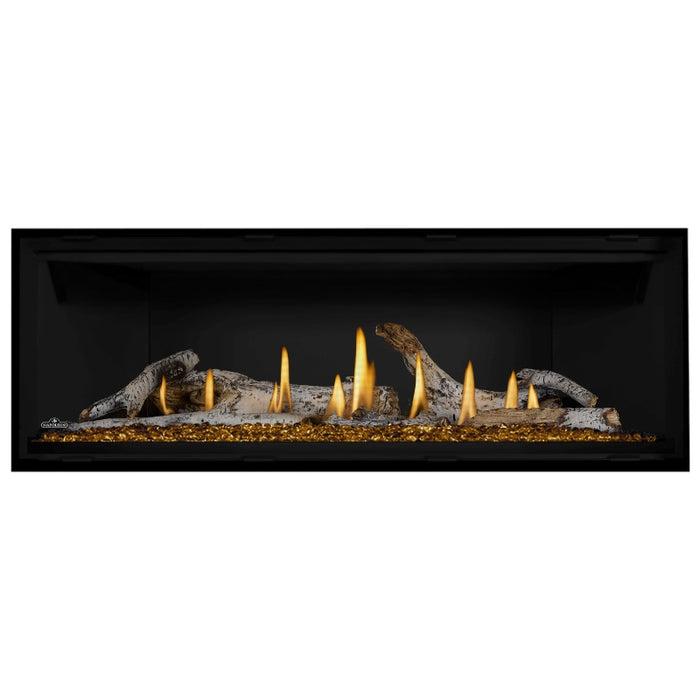 Napoleon Ascent Premium 56 Linear Direct Vent Gas Fireplace in Matte Black Panel with Black Glass Embers and Birch Logs
