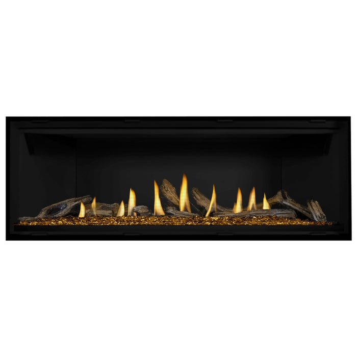 Napoleon Ascent Premium 56 Linear Direct Vent Gas Fireplace in Matte Black Panel with Black Glass Embers and Driftwood Logs
