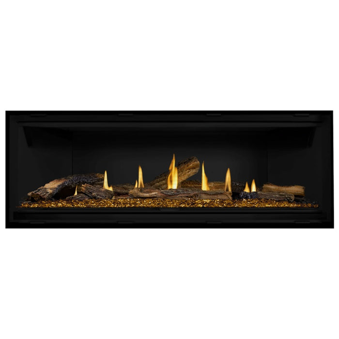 Napoleon Ascent Premium 56 Linear Direct Vent Gas Fireplace in Matte Black Panel with Amber Glass Embers and Split Oak Logs
