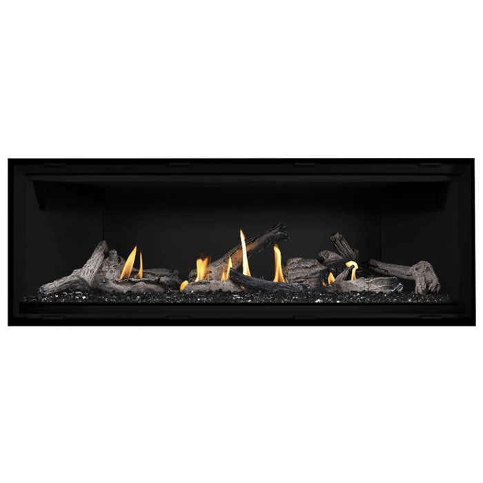 Napoleon Ascent Premium 56 Linear Direct Vent Gas Fireplace in Matte Black Panel with Black Glass Embers and Beach Fire Logs