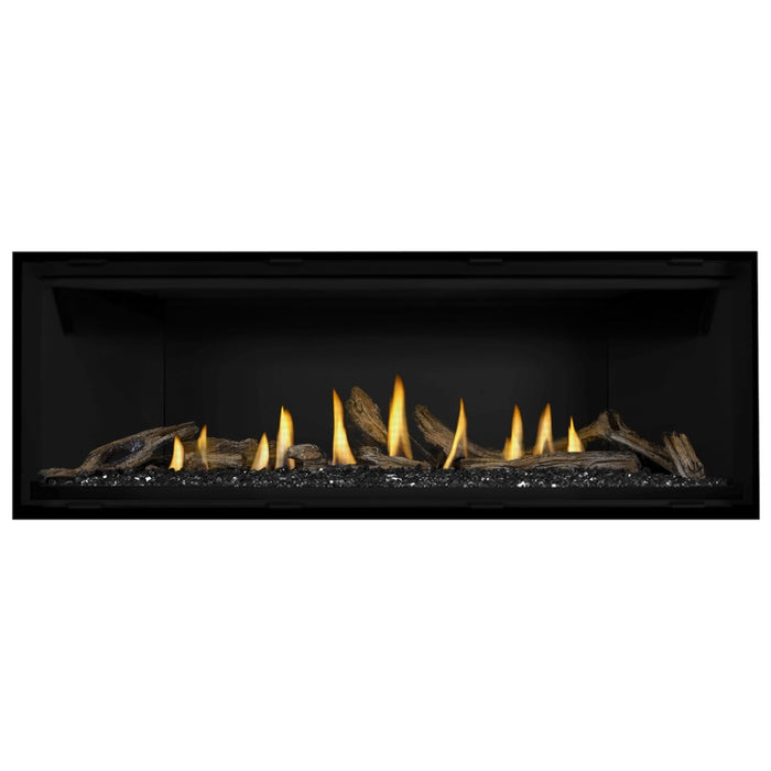 Napoleon Ascent Premium 56 Linear Direct Vent Gas Fireplace in Matte Black Panel with Black Glass Embers and Driftwood Logs