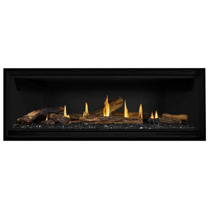 Napoleon Ascent Premium 56 Linear Direct Vent Gas Fireplace in Matte Black Panel with Black Glass Embers and Split Oak Logs