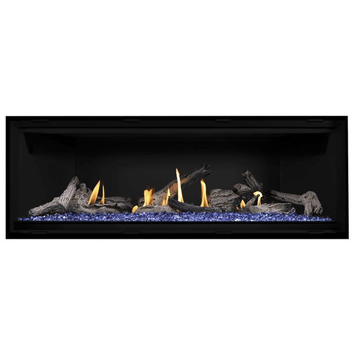 Napoleon Ascent Premium 56 Linear Direct Vent Gas Fireplace in Matte Black Panel with Blue Glass Embers and Beach Fire Logs