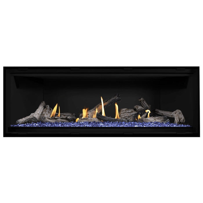 Napoleon Ascent Premium 56 Linear Direct Vent Gas Fireplace in Matte Black Panel with Blue Glass Embers and Beach Fire Logs
