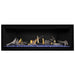 Napoleon Ascent Premium 56 Linear Direct Vent Gas Fireplace in Matte Black Panel with Blue Glass Embers and Beach Fire Logs