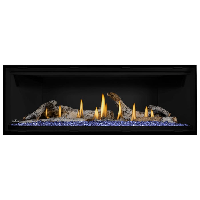 Napoleon Ascent Premium 56 Linear Direct Vent Gas Fireplace in Matte Black Panel with Blue Glass Embers and Birch Logs