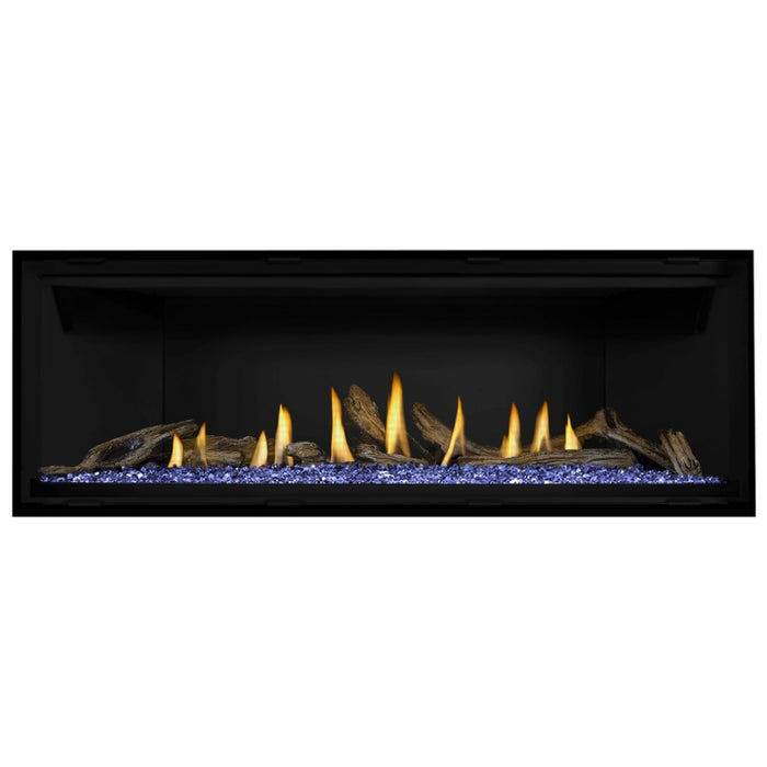 Napoleon Ascent Premium 56 Linear Direct Vent Gas Fireplace in Matte Black Panel with Blue Glass Embers and Driftwood Logs