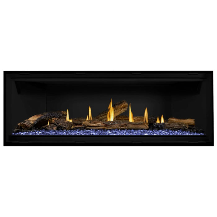 Napoleon Ascent Premium 56 Linear Direct Vent Gas Fireplace in Matte Black Panel with Blue Glass Embers and Split Oak Logs