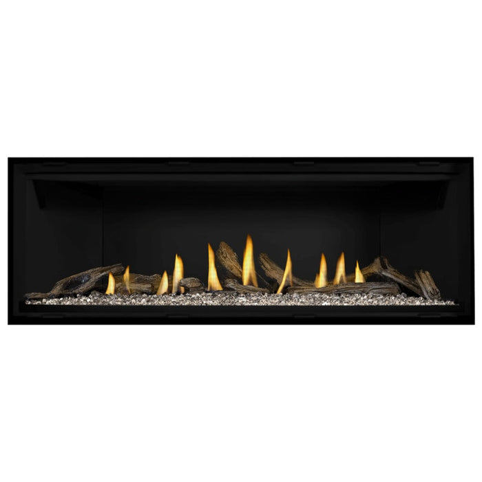 Napoleon Ascent Premium 56 Linear Direct Vent Gas Fireplace in Matte Black Panel with Clear Glass Embers and Driftwood Logs