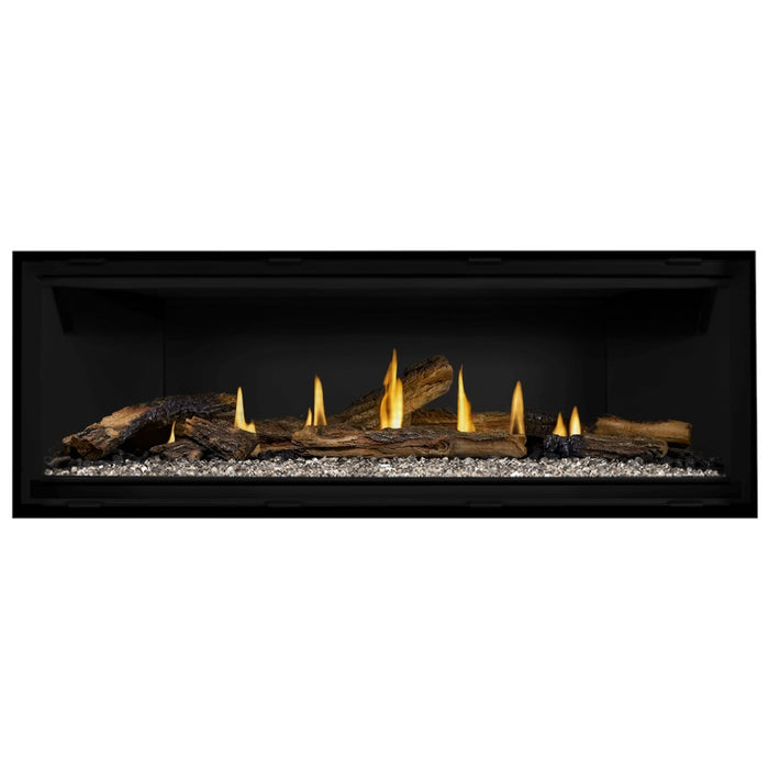 Napoleon Ascent Premium 56 Linear Direct Vent Gas Fireplace in Matte Black Panel with Clear Glass Embers and Split Oak Logs
