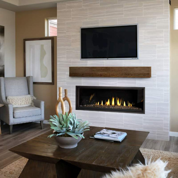Napoleon Ascent Premium 56 Linear Direct Vent Gas Fireplace placed in Livingroom installed with MIRRO-FLAME Porcelain Reflective Panel with Topaz Glass Embers