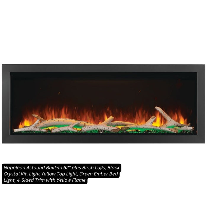 Napoleon Astound Built-In 62 plus Birch Logs, Black Crystal Kit, Light Yellow Top Light, Green Ember Bed Light, 4-Sided Trim with Yellow Flame