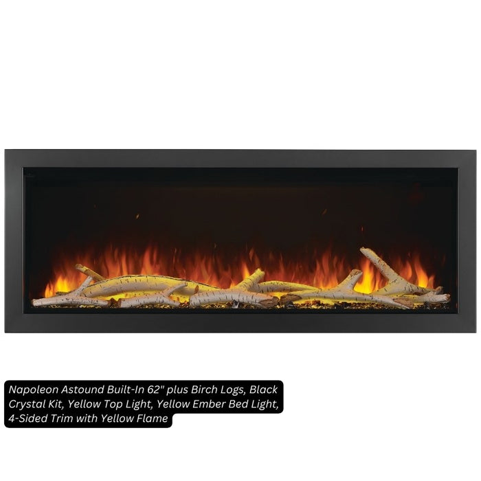 Napoleon Astound Built-In 62 plus Birch Logs, Black Crystal Kit, Light Yellow Top Light, Red Ember Bed Light, 4-Sided Trim with Yellow Flame