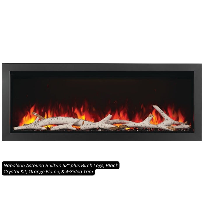 Napoleon Astound Built-In 62 plus Birch Logs, Black Crystal Kit, Orange Flame, & 4-Sided Trim