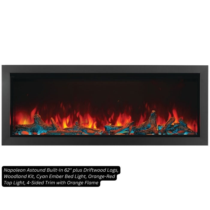 Napoleon Astound Built-In 62 plus Driftwood Logs, Woodland Kit, Cyan Ember Bed Light, Orange-Red Top Light, 4-Sided Trim with Orange Flame